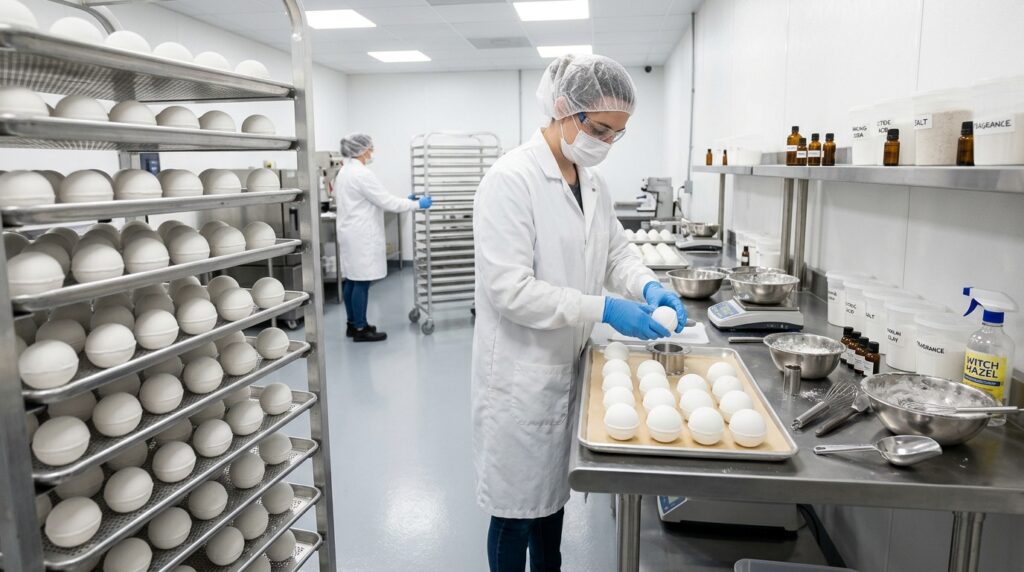White Bath Bombs and Why Minimal Designs Sell Better 7 White bath bombs curing in a clean manufacturing workspace