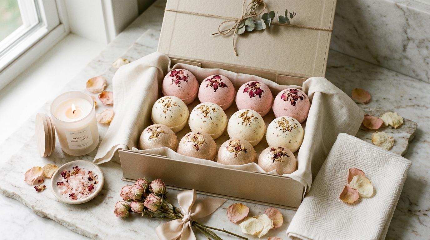 Romantic bath bombs arranged in a couples gift box with candles and soft spa packaging