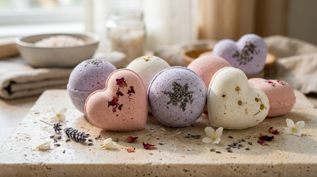 Romantic Bath Bombs for Couples and Gift Boxes: A Complete Product Planning Guide 1 Heart-shaped romantic bath bombs in soft pink white and lavender colors