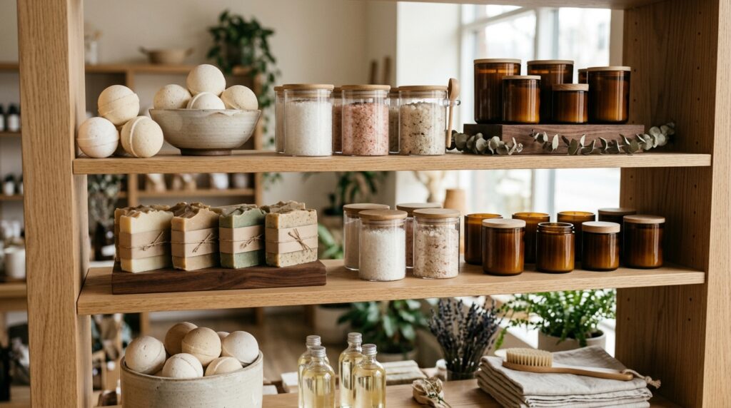 White Bath Bombs and Why Minimal Designs Sell Better 2 Minimal white bath bombs on a boutique retail shelf