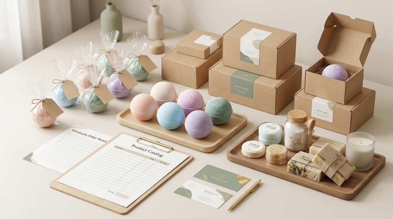 Premium bath bomb wholesale product planning workspace with pastel bath bombs, kraft packaging, soaps, bath salts, shower steamers, candle, and supplier order notes.