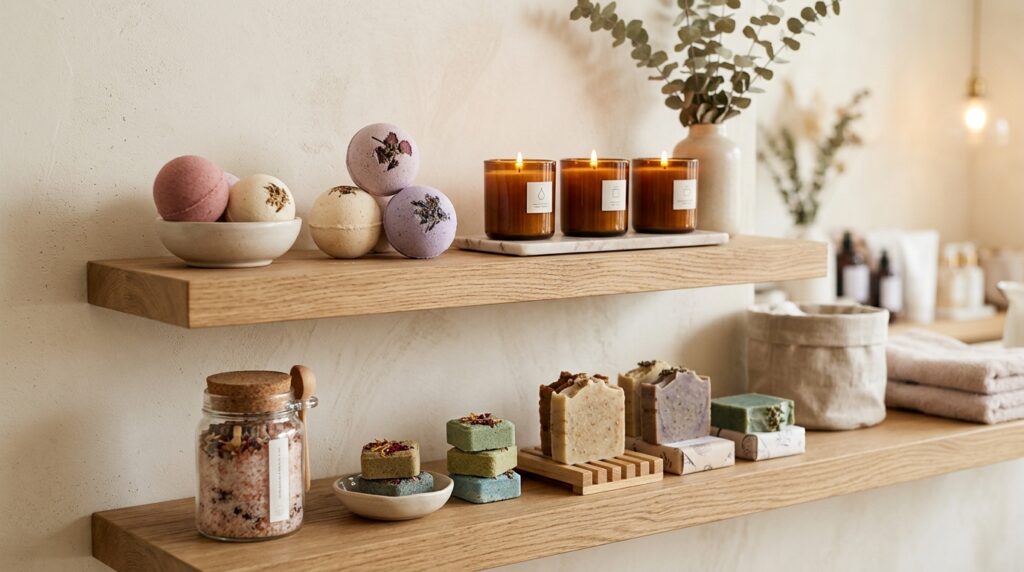 Romantic Bath Bombs for Couples and Gift Boxes: A Complete Product Planning Guide 9 Minimal romantic bath bombs displayed with candles bath salts and shower steamers