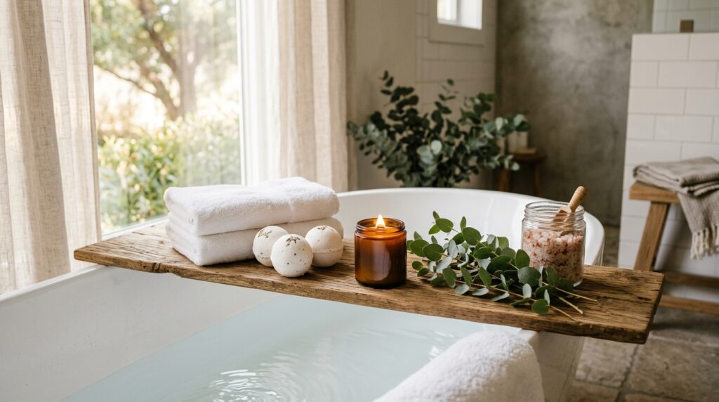 White Bath Bombs and Why Minimal Designs Sell Better 9 White bath bombs in a calm spa bathroom setting