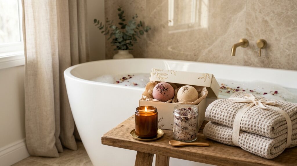 Romantic Bath Bombs for Couples and Gift Boxes: A Complete Product Planning Guide 2 Romantic bath bombs gift box beside bathtub with candle and bath salts