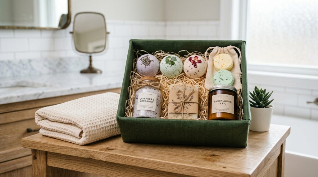bath and body gift bundle with bath bombs shower steamers candles and soaps