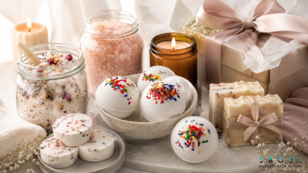 birthday cake bath bombs in complete bath and body gift collection