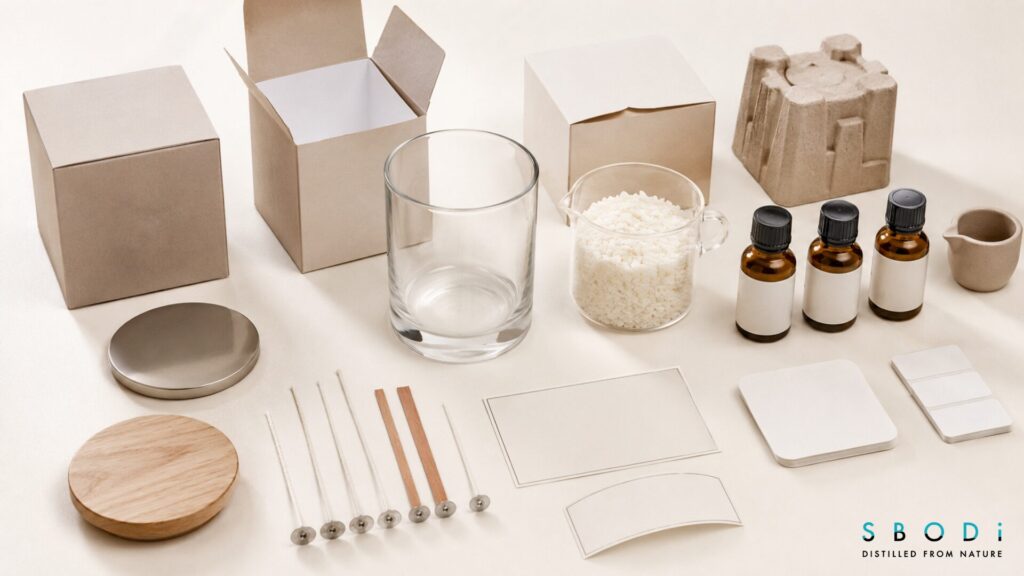 Private label candle components including wax, wicks and packaging