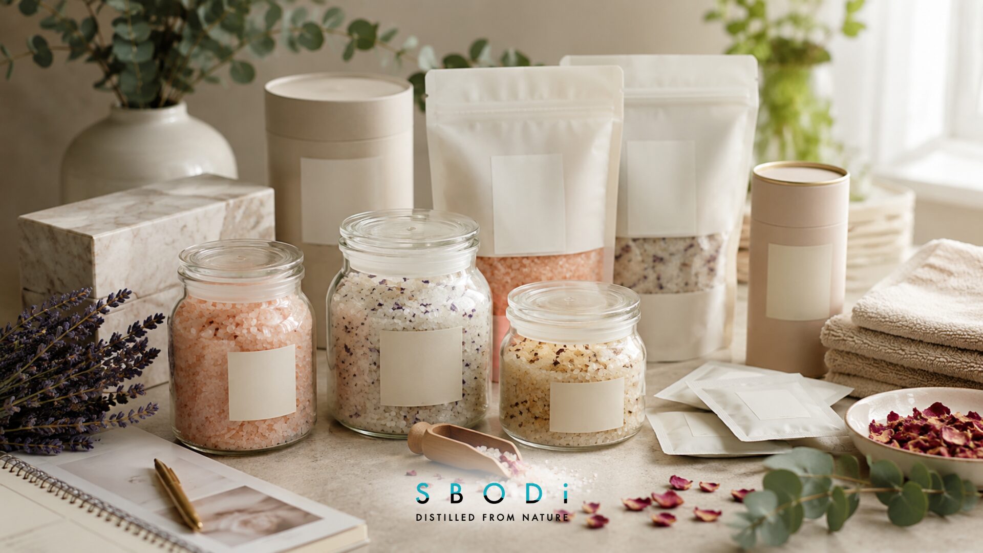 Luxury private label bath salts brand collection with premium jars and packaging