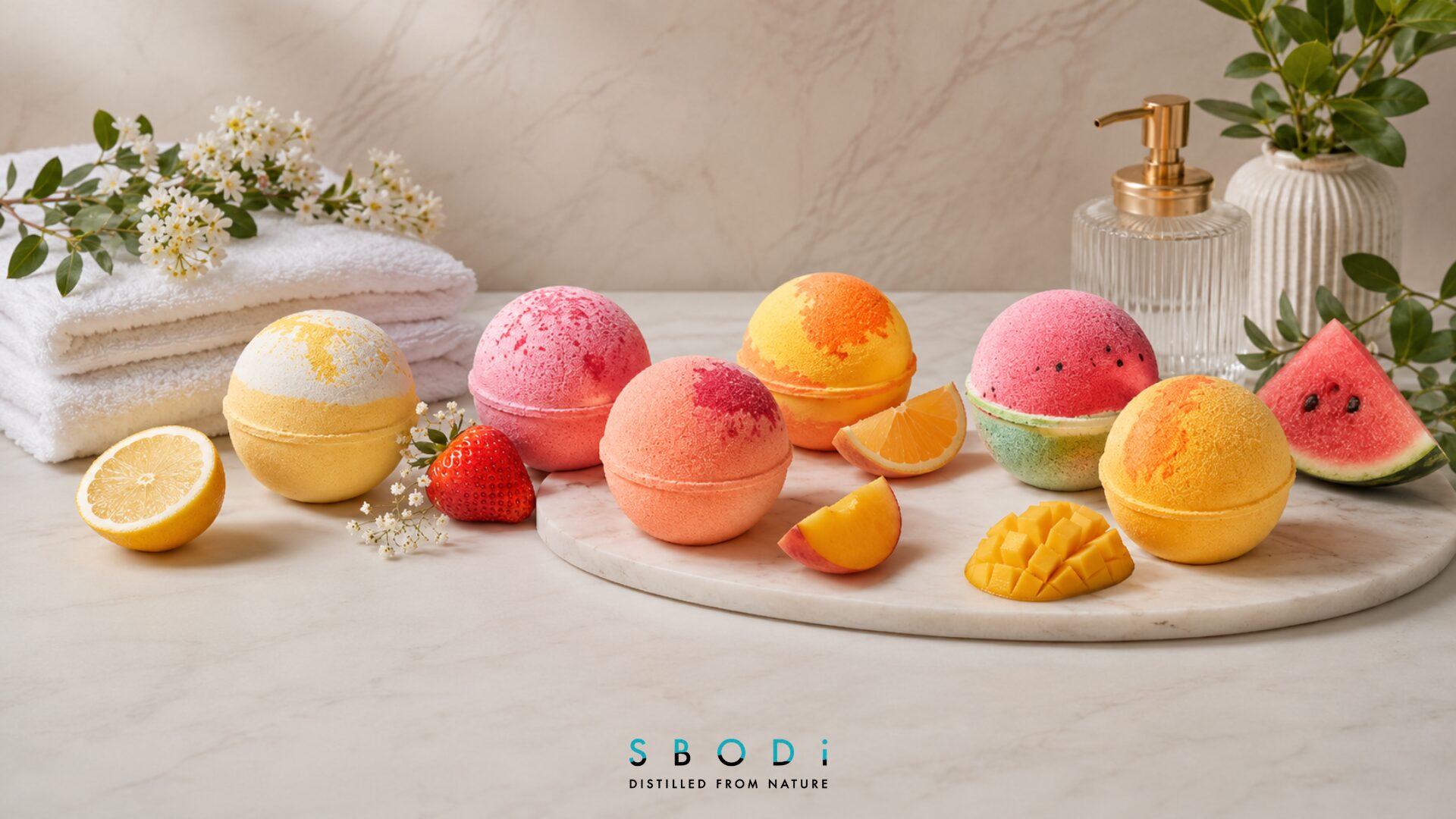 Fruit bath bombs arranged in a premium bath and body product display