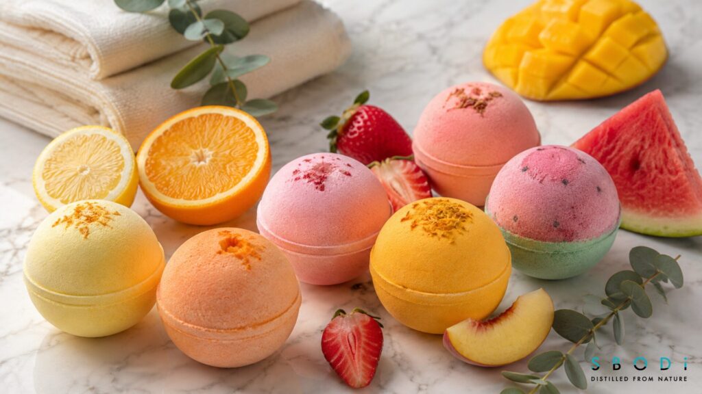 Fruit Bath Bombs Trending in the Bath Industry: Retail, Wholesale, and Private Label Guide 1 Close-up of fruit bath bombs with citrus and berry color themes