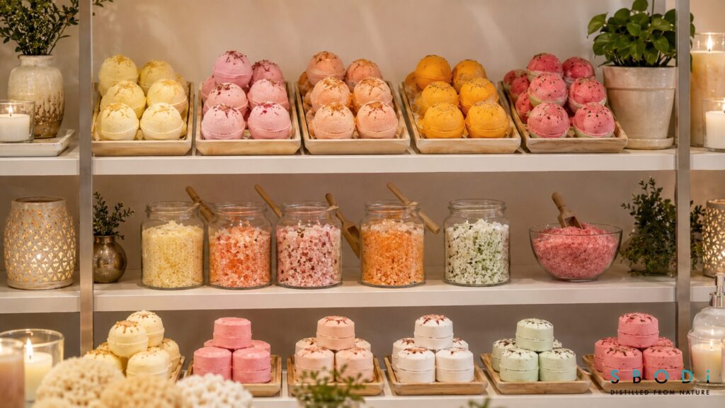 Fruit Bath Bombs Trending in the Bath Industry: Retail, Wholesale, and Private Label Guide 2 Fruit bath bombs displayed in a boutique bath and body retail setting