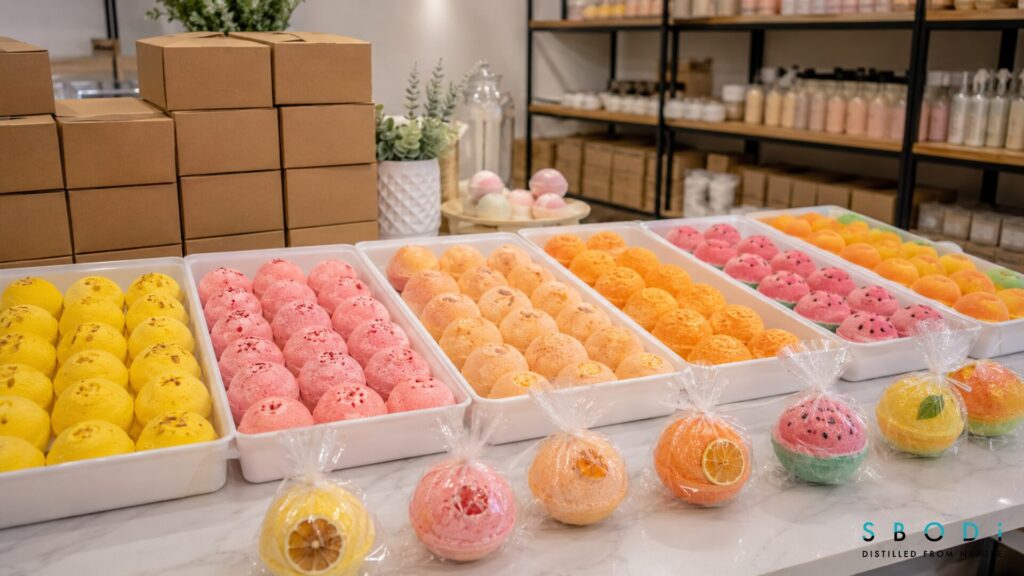 Fruit Bath Bombs Trending in the Bath Industry: Retail, Wholesale, and Private Label Guide 6 Wholesale fruit bath bombs in bulk trays and retail packaging