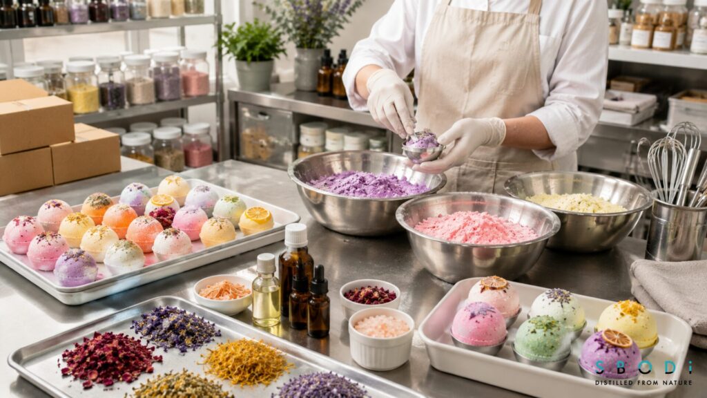 Fruit Bath Bombs Trending in the Bath Industry: Retail, Wholesale, and Private Label Guide 7 Fruit bath bomb manufacturing workspace with molds and ingredients