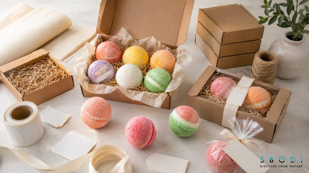 Fruit Bath Bombs Trending in the Bath Industry: Retail, Wholesale, and Private Label Guide 8 Fruit bath bomb packaging with kraft boxes and blank labels