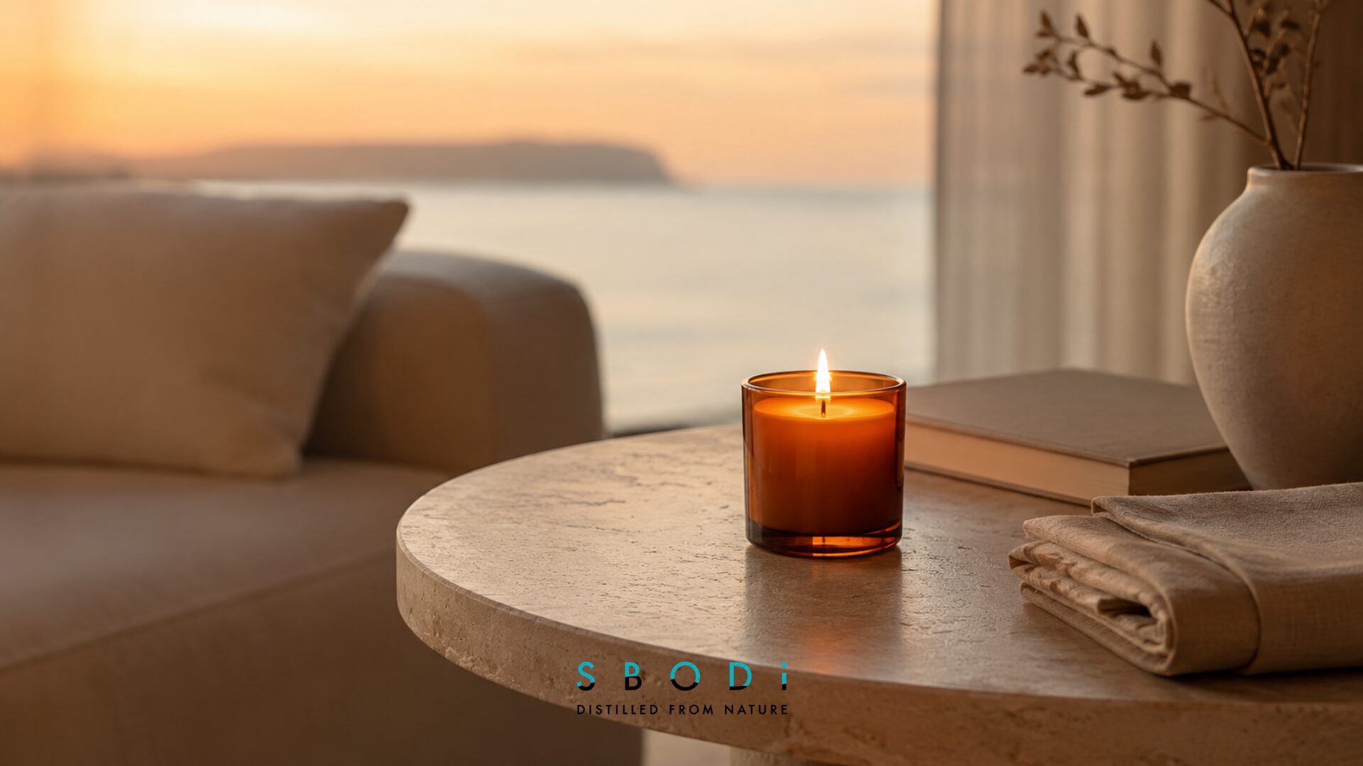 Amber candle creating a warm relaxation atmosphere