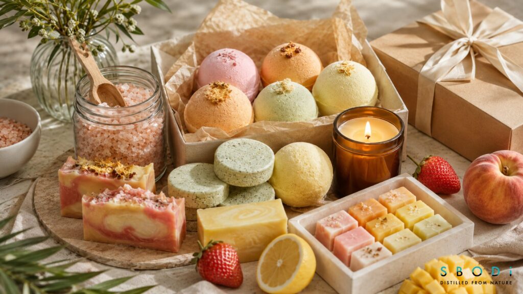 Fruit Bath Bombs Trending in the Bath Industry: Retail, Wholesale, and Private Label Guide 9 Fruit bath bomb gift bundle with bath salts shower steamers candles and soaps