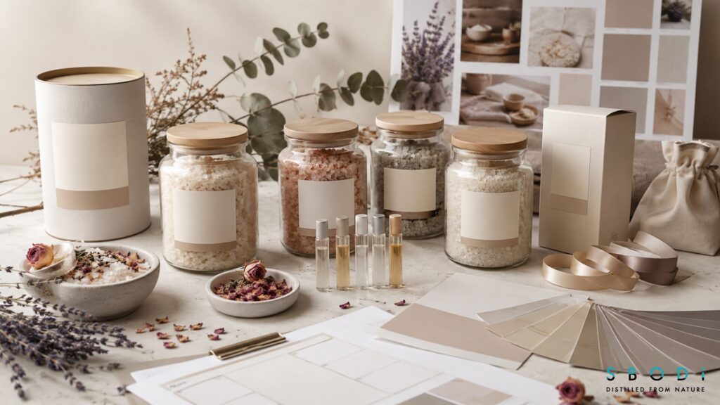 How to Create a Luxury Private Label Bath Salts Brand 1 Luxury bath salts brand identity and packaging planning workspace