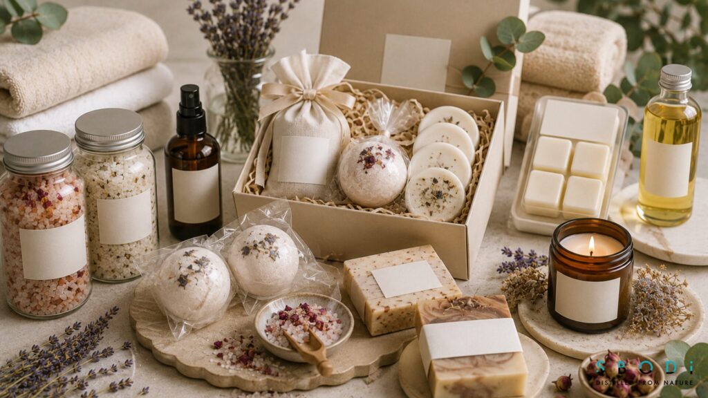 How to Create a Luxury Private Label Bath Salts Brand 8 Private label bath salts with bath bombs, candles, soap, and shower steamers