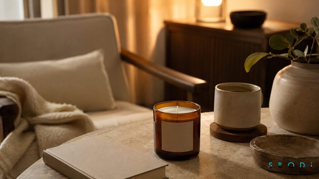 Amber Candle Fragrance Benefits for Relaxation 2 Amber scented candle in an evening reading area