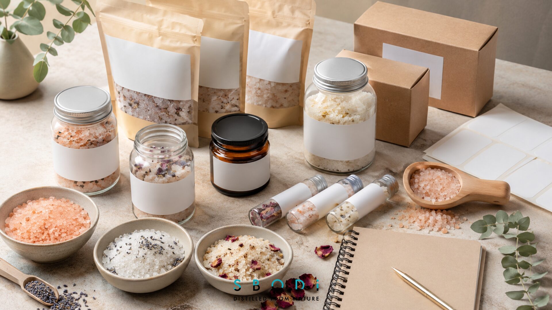 Wholesale bath salts in jars and pouches arranged for wellness brand product planning