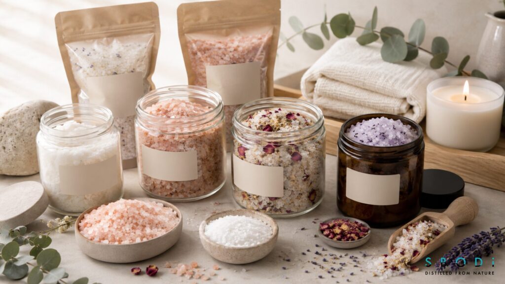 Wholesale Bath Salts: What Wellness Brands Should Know Before Buying in Bulk 2 Different types of bath salts for resale including botanical and luxury styles