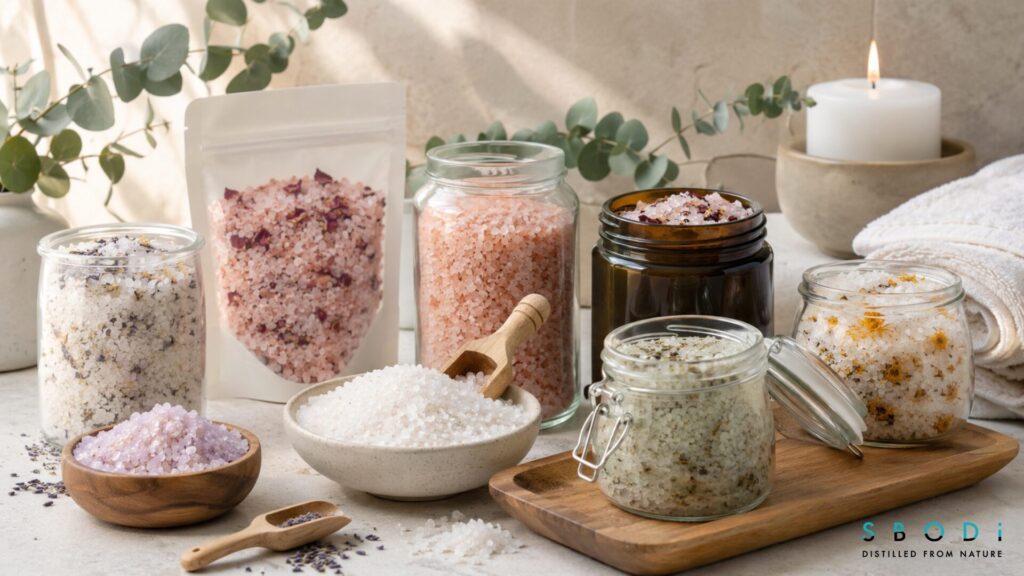Wholesale Bath Salts: What Wellness Brands Should Know Before Buying in Bulk 3 Bulk bath salts samples and packaging materials being evaluated on a workspace