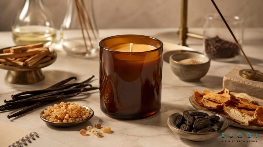Amber scented candle with vanilla, resin, and sandalwood notes