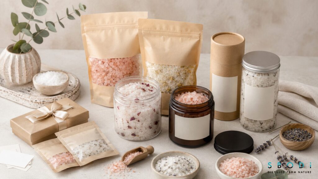 Wholesale Bath Salts: What Wellness Brands Should Know Before Buying in Bulk 4 Packaging options for wholesale bath salts including jars pouches tubes and sachets