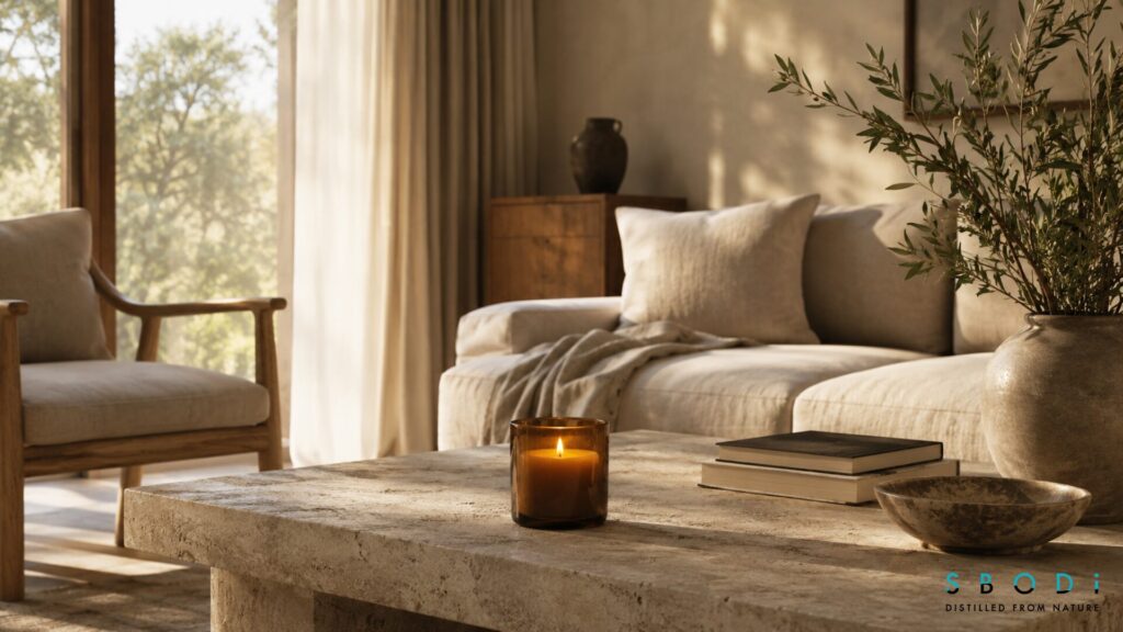 Amber candle in a modern neutral living room