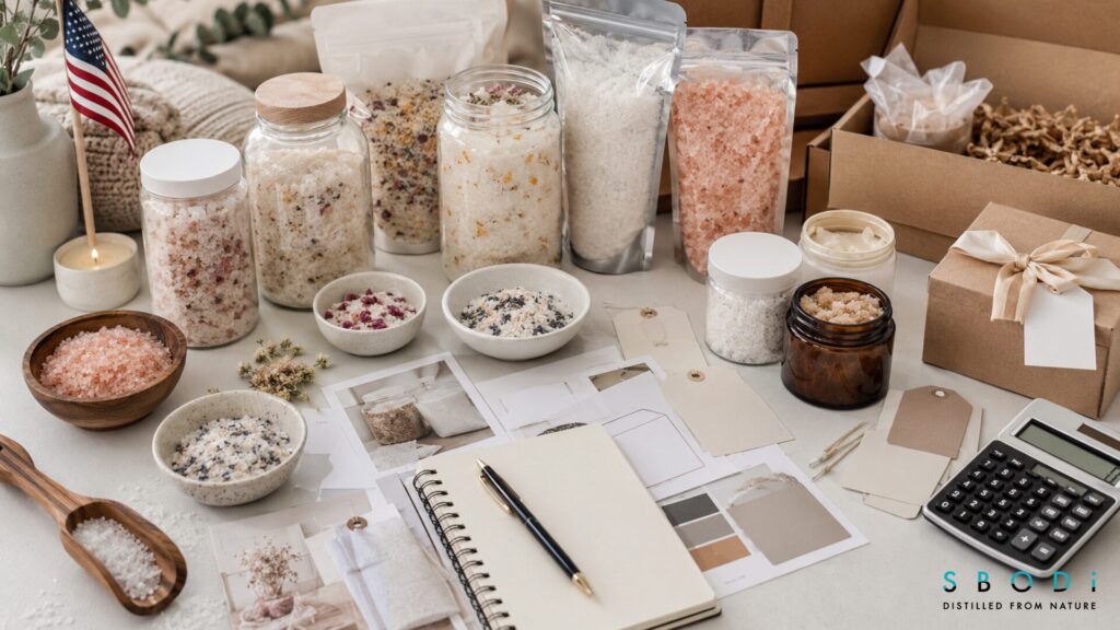 Wholesale Bath Salts: What Wellness Brands Should Know Before Buying in Bulk 6 Wholesale bath salts USA planning setup with product samples and packaging materials