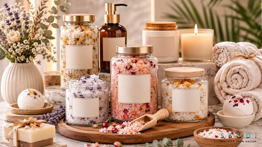 Wholesale Bath Salts: What Wellness Brands Should Know Before Buying in Bulk 7 Luxury bath salts brand setup with elegant packaging and spa styling