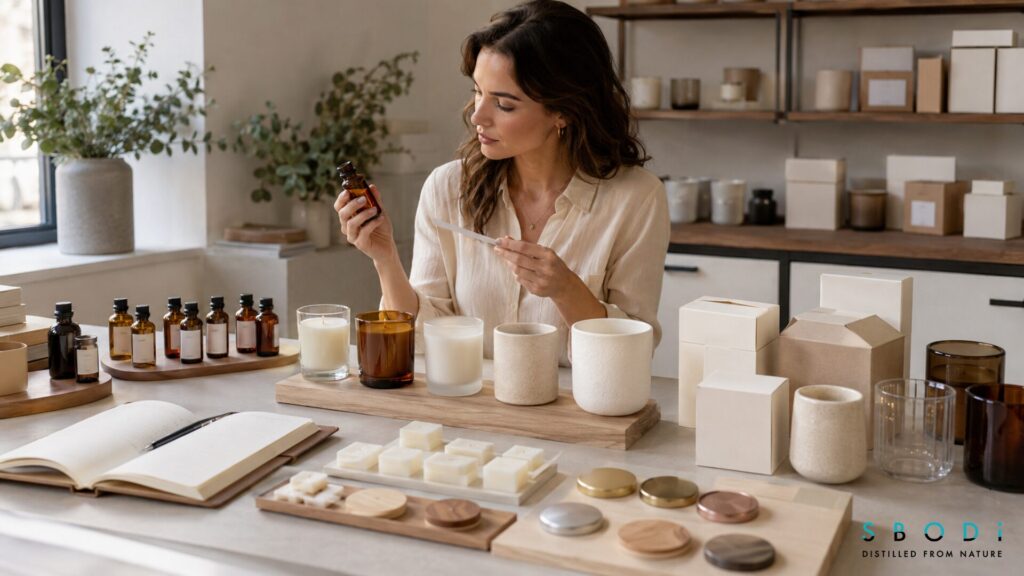 Buyer evaluating amber candle fragrance samples