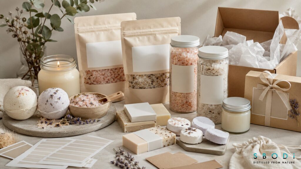 Wholesale Bath Salts: What Wellness Brands Should Know Before Buying in Bulk 8 Bath salts displayed with bath bombs candles soaps and packaging for a full product line