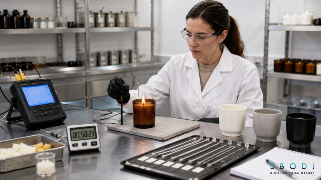 Amber candle undergoing professional burn testing