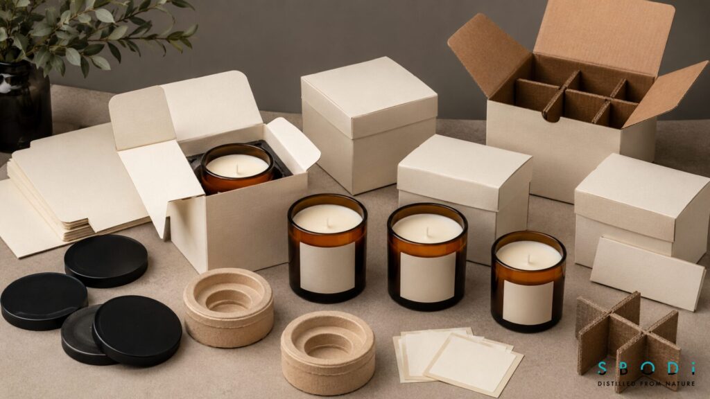 Amber candle packaging with cartons and protective inserts