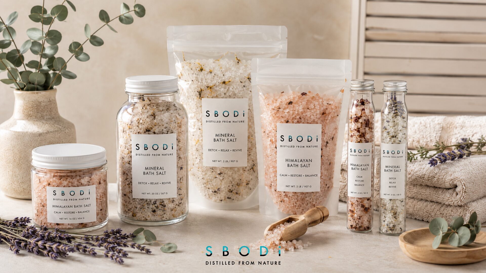 Private label bath salts USA collection for wellness brands with jars, pouches, and spa styling
