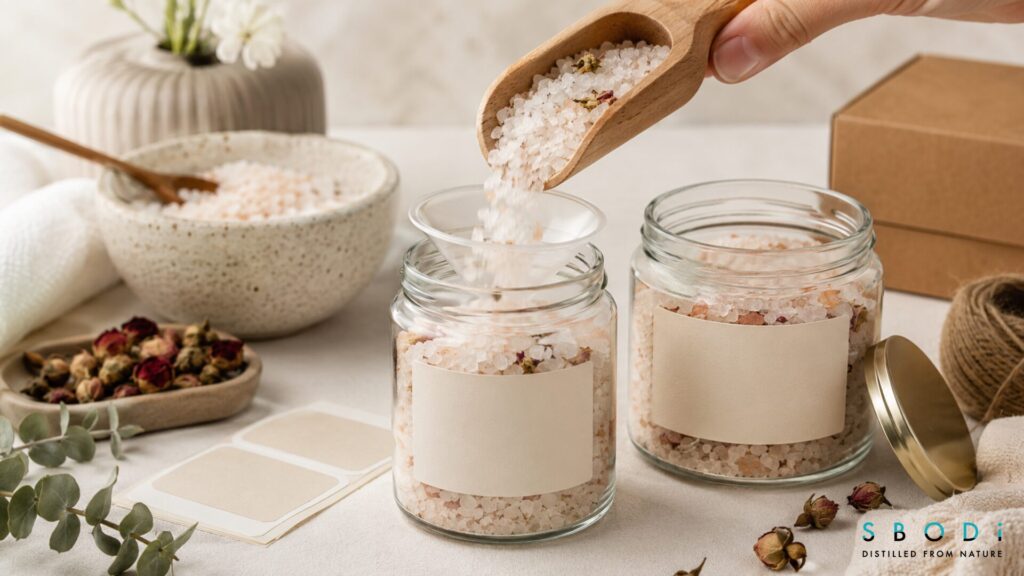 Private label bath salts being prepared in retail jars with blank labels