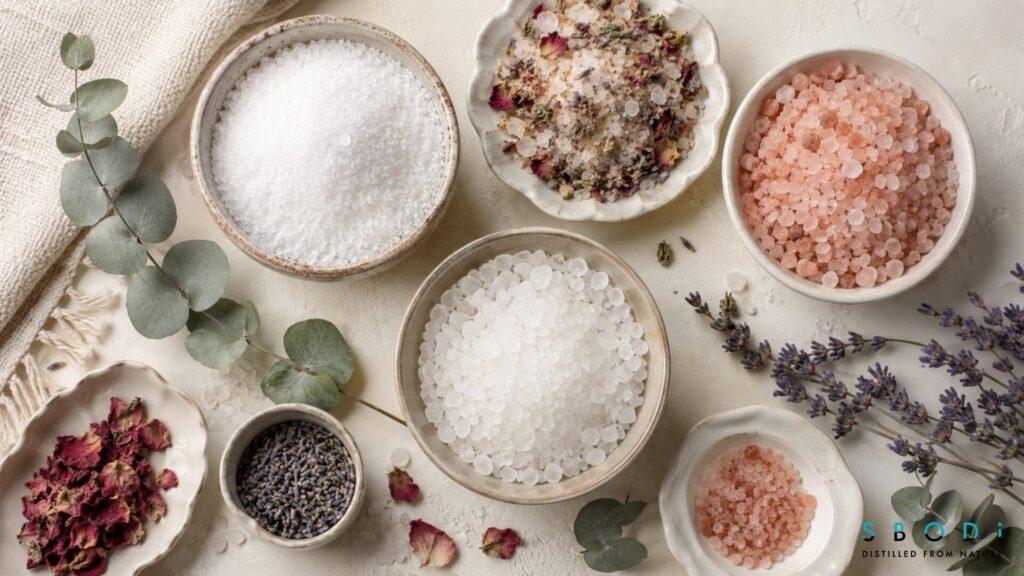 Different types of private label bath salts including mineral bath salts and scented bath salts