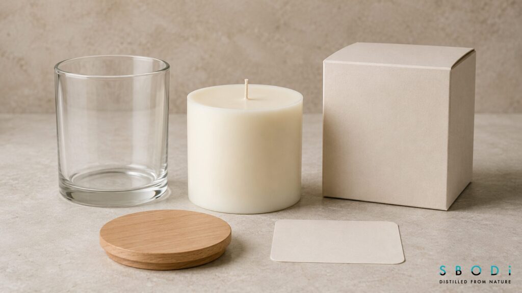 Glass tumbler candle vessel, wick, wax, lid, label, and carton