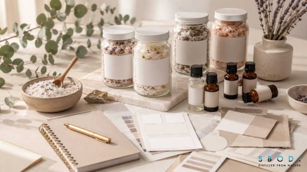 Bath salts product planning desk for a private label wellness brand