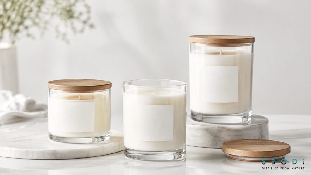 Clear glass tumbler candles with minimal private label packaging