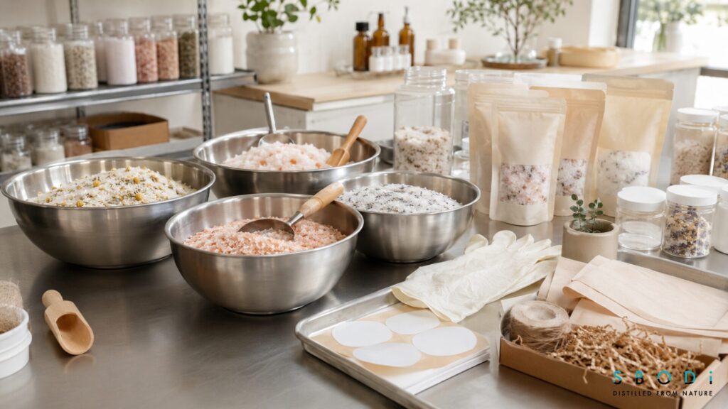 Bath salts manufacturing setup with organized packaging and production materials