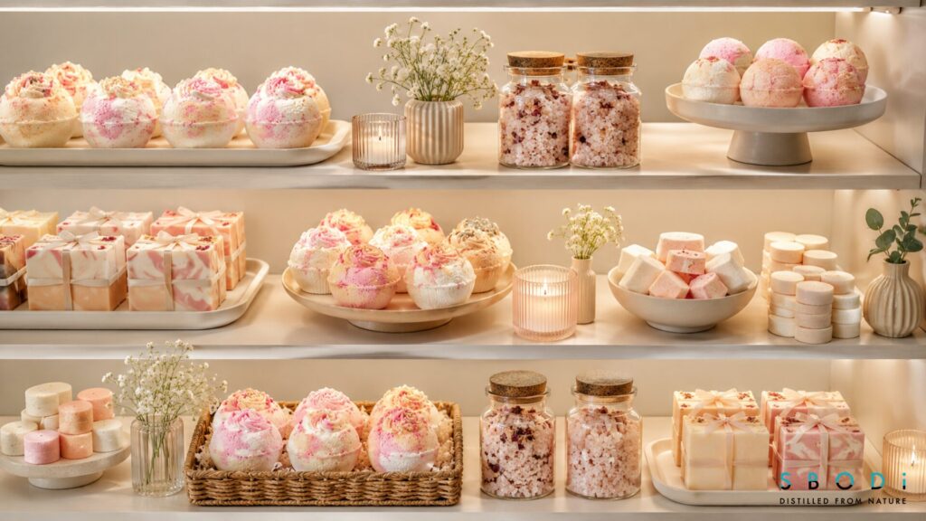 giftable bath products display with birthday cake bath bombs and shower steamers