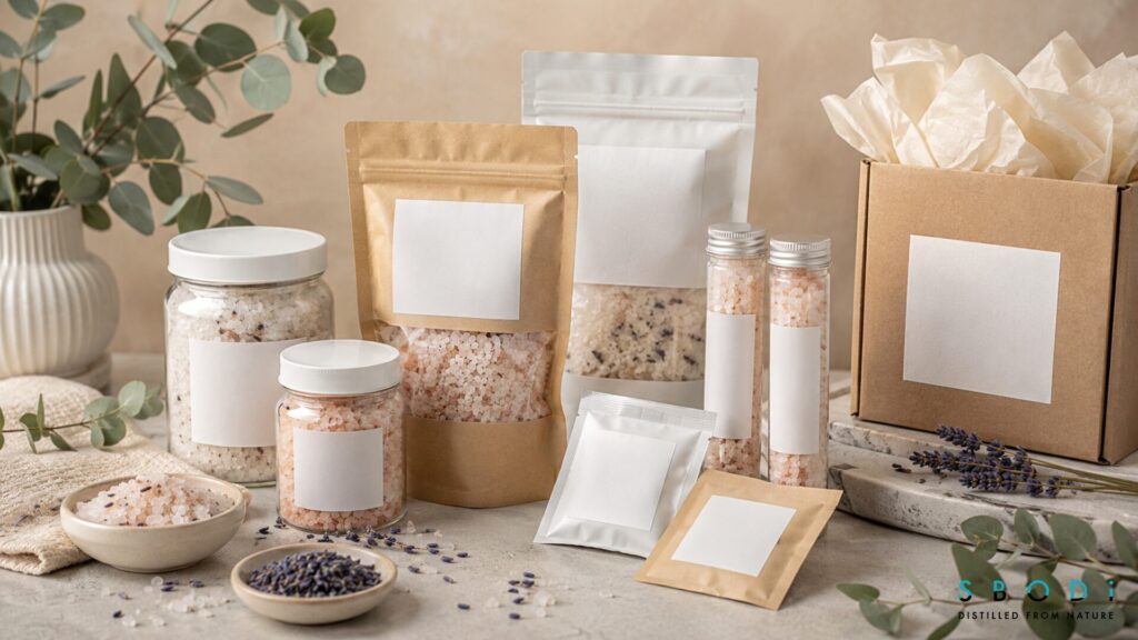 Retail-ready private label bath salts packaging in jars, pouches, tubes, and sachets