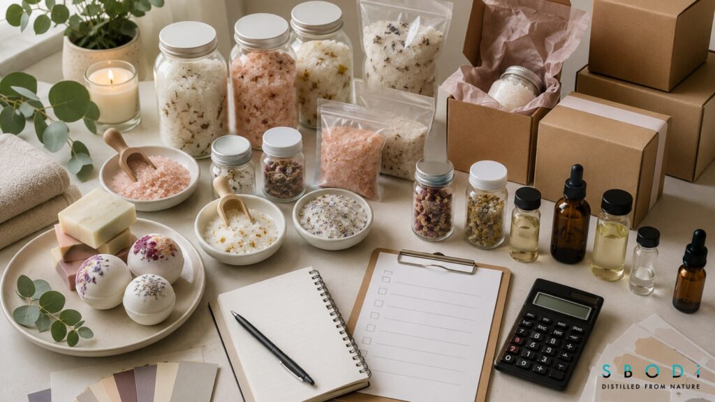 Bath salts supplier evaluation setup with samples and packaging materials
