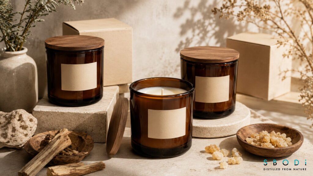 Amber glass tumbler candle with warm apothecary packaging
