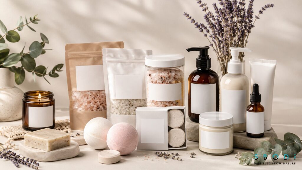 Bath salts with bath bombs, shower steamers, candles, and soap bars in a wellness product bundle