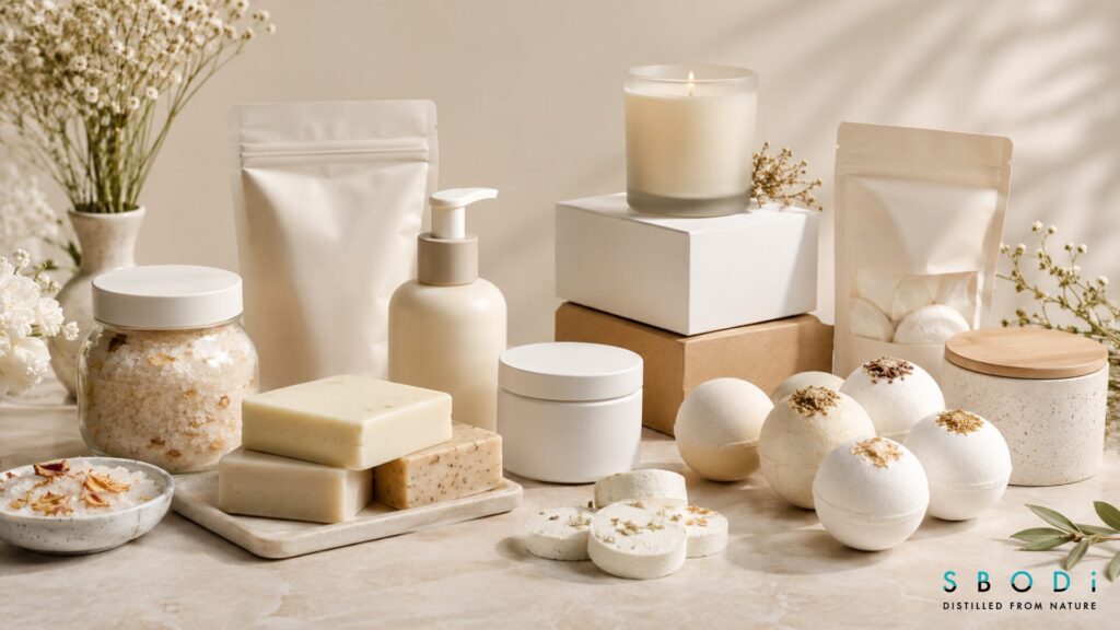 SBODI-style bath and body collection with private label bath salts and wellness products