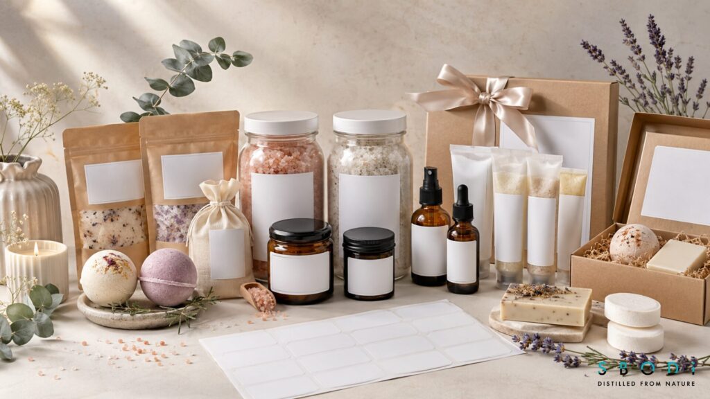 Private label bath salts USA wellness brand collection with bath and body products