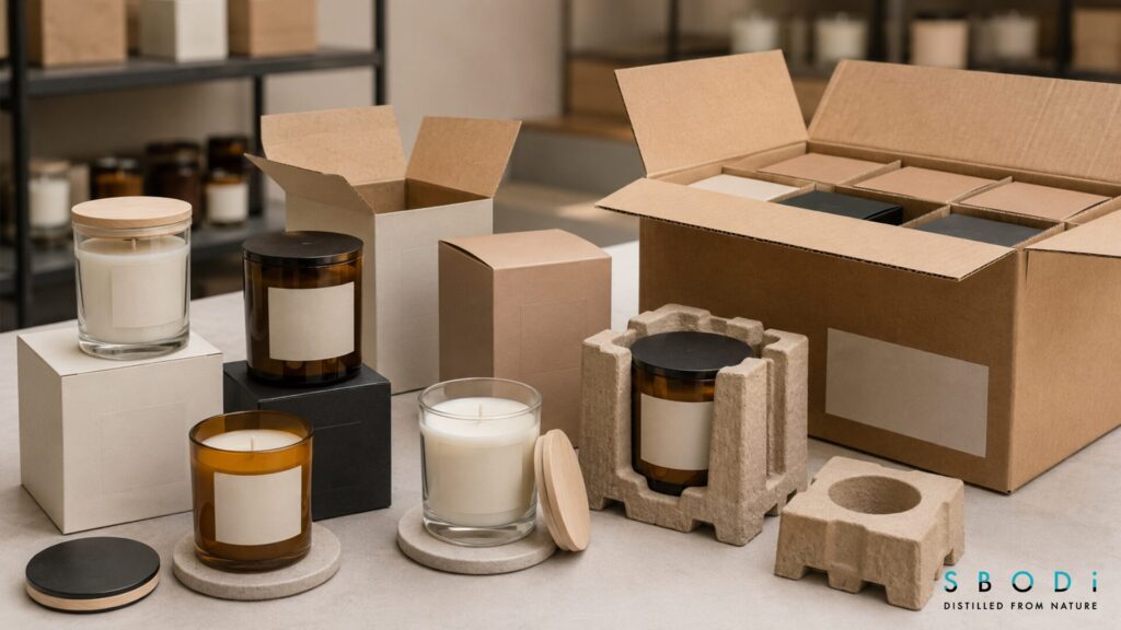 Glass tumbler candle packaging with labels, cartons, and shipping dividers